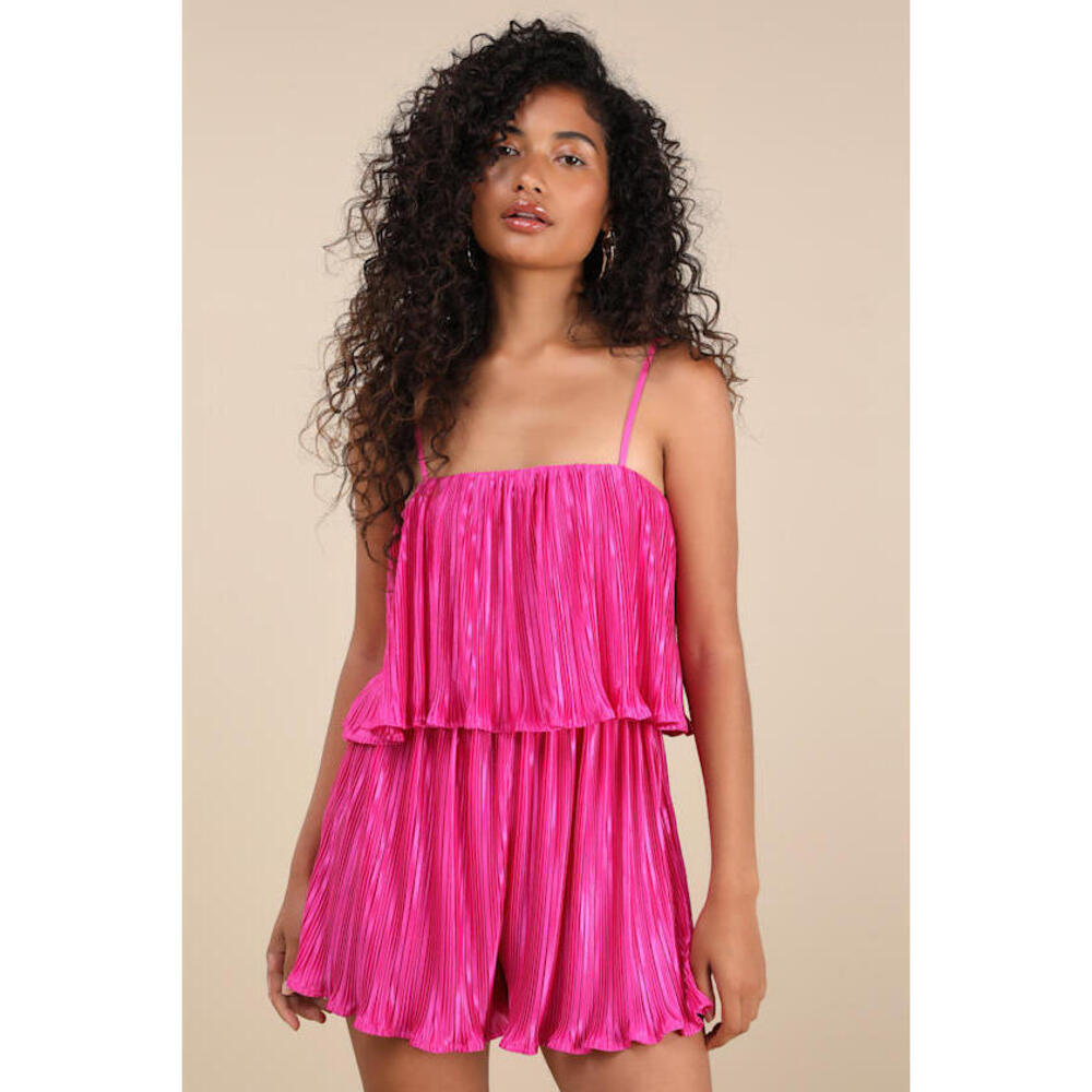 Lulus Fun Flirt Hot Pink Satin Plisse Sleeveless Romper - Size M